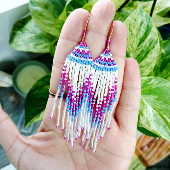 Boho Chic Seed Bead Dangle Earrings, Copper Jewelry Statement Artisan 4" - Picture 1 of 6